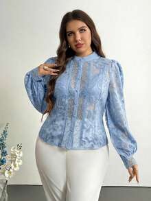 Firerie 大码优雅精致通勤工作休闲镂空蕾丝拼接黑色宽松女式衬衫 - 藍色 - 查看 6