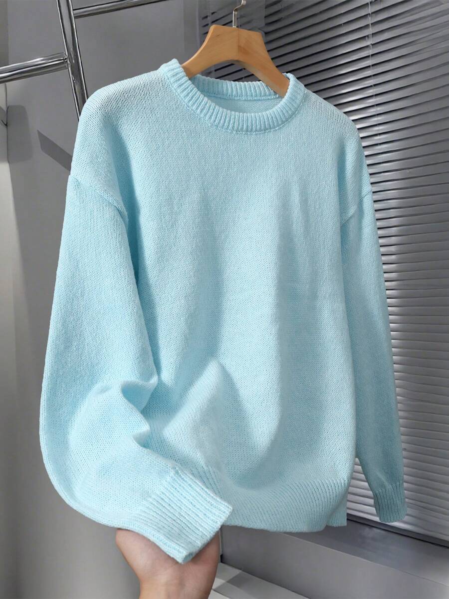 Claim Dot Áo nỉ chui đầu cổ tròn tay dài đa năng màu trơn thường ngày dành cho nam - Màu xanh nhạt - Xem 1