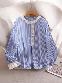 CosyJoli Áo sơ mi nữ cỡ lớn mùa thu đông, áo cài nút, áo sơ mi denim đã giặt, áo ren dễ thương, trang phục thường ngày cho nữ, trang phục cho bé gái, áo sơ mi tay bồng - Màu xanh lam - Xem 1