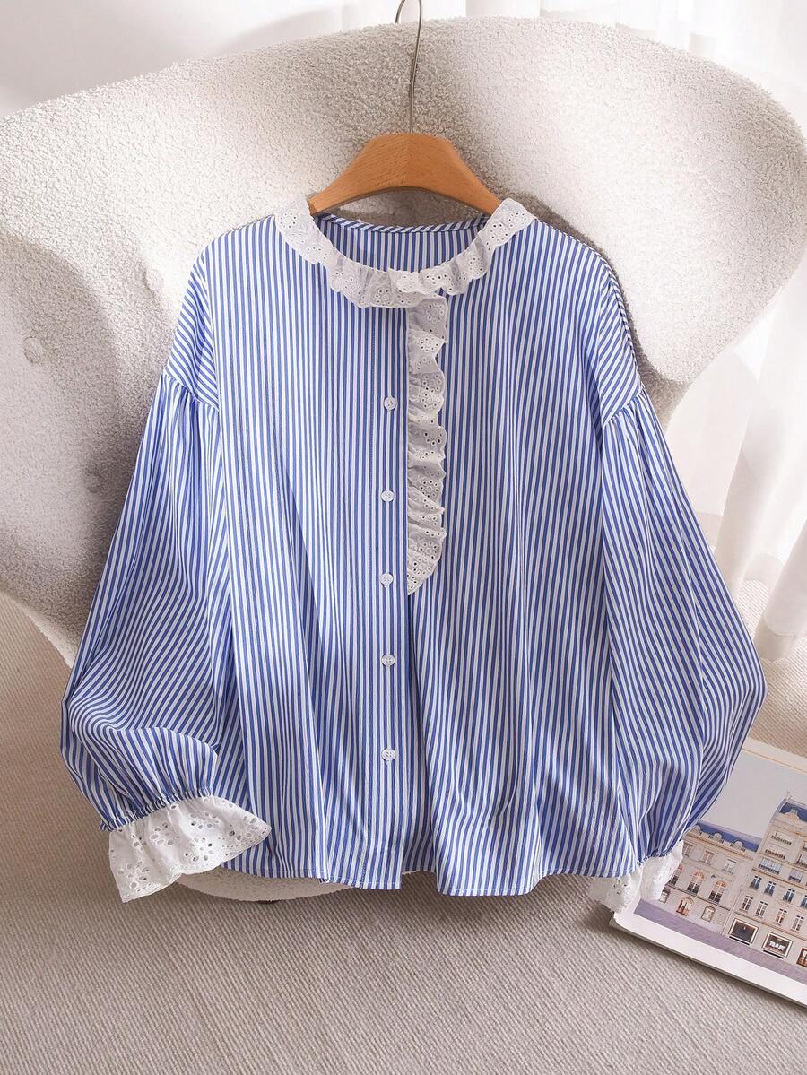 CosyJoli Áo sơ mi nữ cỡ lớn mùa thu đông, áo cài nút, áo sơ mi denim đã giặt, áo ren dễ thương, trang phục thường ngày cho nữ, trang phục cho bé gái, áo sơ mi tay bồng - Màu xanh lam - Xem 1