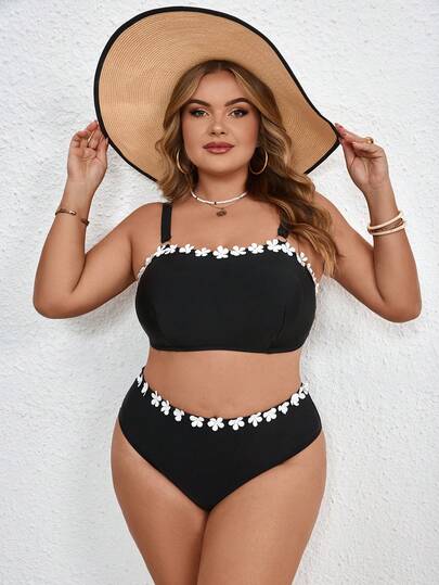 SHEIN CURVE+ 大码女式黑色纯色3D花卉装饰沙滩度假泳衣套装