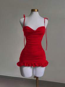 Franclia Petite Váy ngắn nữ hở lưng buộc bèo nhún gợi cảm ôm sát - Đỏ - Xem 4