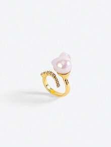 Opalesca 1 Pc Fashionable European & American Style Open Baroque Pearl Ring, High-End Personalized Luxury Baroque Geometric Ring,Outfits,Old Money,Wedding/Bridal Accessories,Western Jewelry,Fairycore/Fairy,Pearl,Fall/Autumn/Winter,Elegant - Yellow Gold - View 4