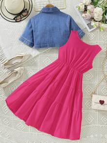 2pcs Tween Girl Casual Denim Jacket And Solid Color Sleeveless Dress Set, School, Campus, College - Hot Pink - View 2