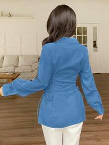 Modelyn Drawstring Tie Neck Minimalist Solid Color Long Sleeve Women Blouses - Blue - View 2