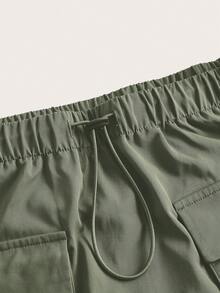 SHEIN EZwear Váy xếp ly màu trơn có túi nắp cho nữ cỡ lớn có dây rút ở eo - Đen - xanh quân đội - Xem 4