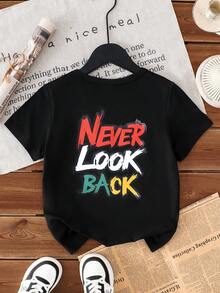 Young Boy Colorful Letter Print Round Neck Short Sleeve T-Shirt,Suitable For Casual Daily Outdoor Activities,Spring Summer Little Boys Kids Clothes - Black - View 7
