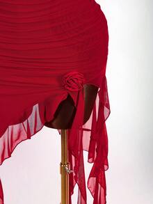 Amplova Women's Mid-Length Dress With Draped Neckline, Drawstring, Ruffle Trim, Flounce Hem, Spaghetti Straps, Backless, Floral Print, Fashionable & Sexy Red Dress Rouche Dress - Bright Red - View 9