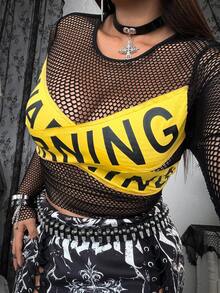 Whyspr Women's Sexy Fitted Long Sleeve Plus Size Mesh Patchwork Letter T-Shirt