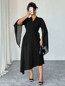 Elenzga Plus Size V-Neck Criss-Cross Tie Wrap Asymmetric Hem Chiffon Long Sleeve Dress, Elegant French Style Versatile Commuter Black Autumn Dinner Dress - Black - View 3