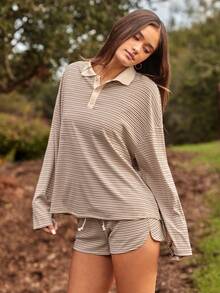 WESTFADE Multi Striped Oversized Long Flared Sleeve Polo Top & Mid Rise Shorts Winter, Christmas, NYE, Casual, Cute, Boho, Cowgirl, Nashville - Brown - View 4