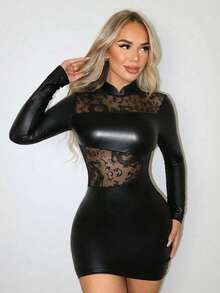 Mistrie 女士新款性感长袖PU拼接网纱龙图腾透视时尚连体衣连衣裙，适合秋冬季穿着 - 黑色 - 查看 3