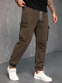 Manfinity Homme Men's Drawstring Waist Cargo Pocket Casual Tapered Jeans - Coffee Brown - View 3