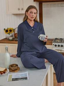 Doze Lane Plus Size Casual Striped Contrast Color Polo Collar Long Sleeve Pajama Set Striped Pajama Set Blue Pj Set Women Knit Pajama Set - Multicolor - View 3