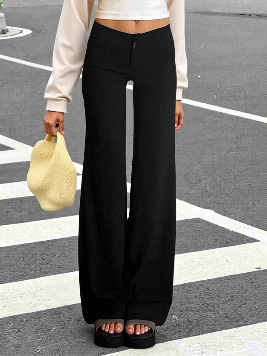 SHEIN EZwear 女士純色休閒低腰直筒褲，萬能款 - 黑色 - 查看 1