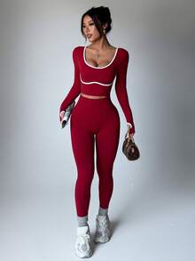 Dewbera Conjunto Esportivo Sem Costura Feminino, Top de Manga Longa com Listras Contrastantes e Legging Justa com Cintura Contrastante