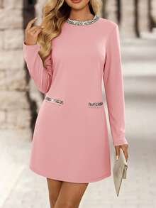 EMERY ROSE 女士亮片拼接圆领长袖时尚迷你连衣裙 - 粉色 - 查看 5