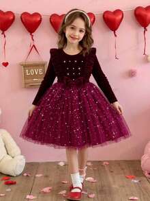 这款时尚的酒红色天鹅绒圆领长袖连衣裙，饰有荷叶边、天鹅绒蝴蝶结和串珠腰带，点缀着星星图案，采用网纱面料，A字版型，适合新年、派对、节日等场合，优雅百搭，也适合春秋季、冬季和圣诞节穿着。 - 酒紅色 - 查看 9