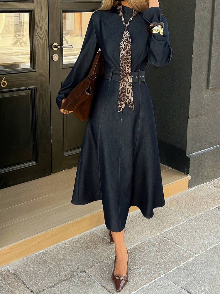 High Collar Tie Waist Casual Long Dress For Women Maxi Dress