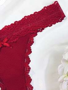 SHEIN Contrast Lace Bow Decor Panty Sexy Lingerie Bow Tie - Burgundy - View 3