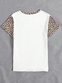 EMERY ROSE Women's Rabbit Slogan & Leopard Print Patchwork Contrast Leopard Print Comfortable Soft Casual Round Neck Short Sleeve T-Shirt, Suitable For Daily And Holiday Wear - Multicolor - View 2
