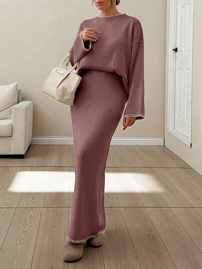 EURMUSE Women Stitch Detailed Round Neck Drop Shoulder Pullover & Sweater Skirt Set