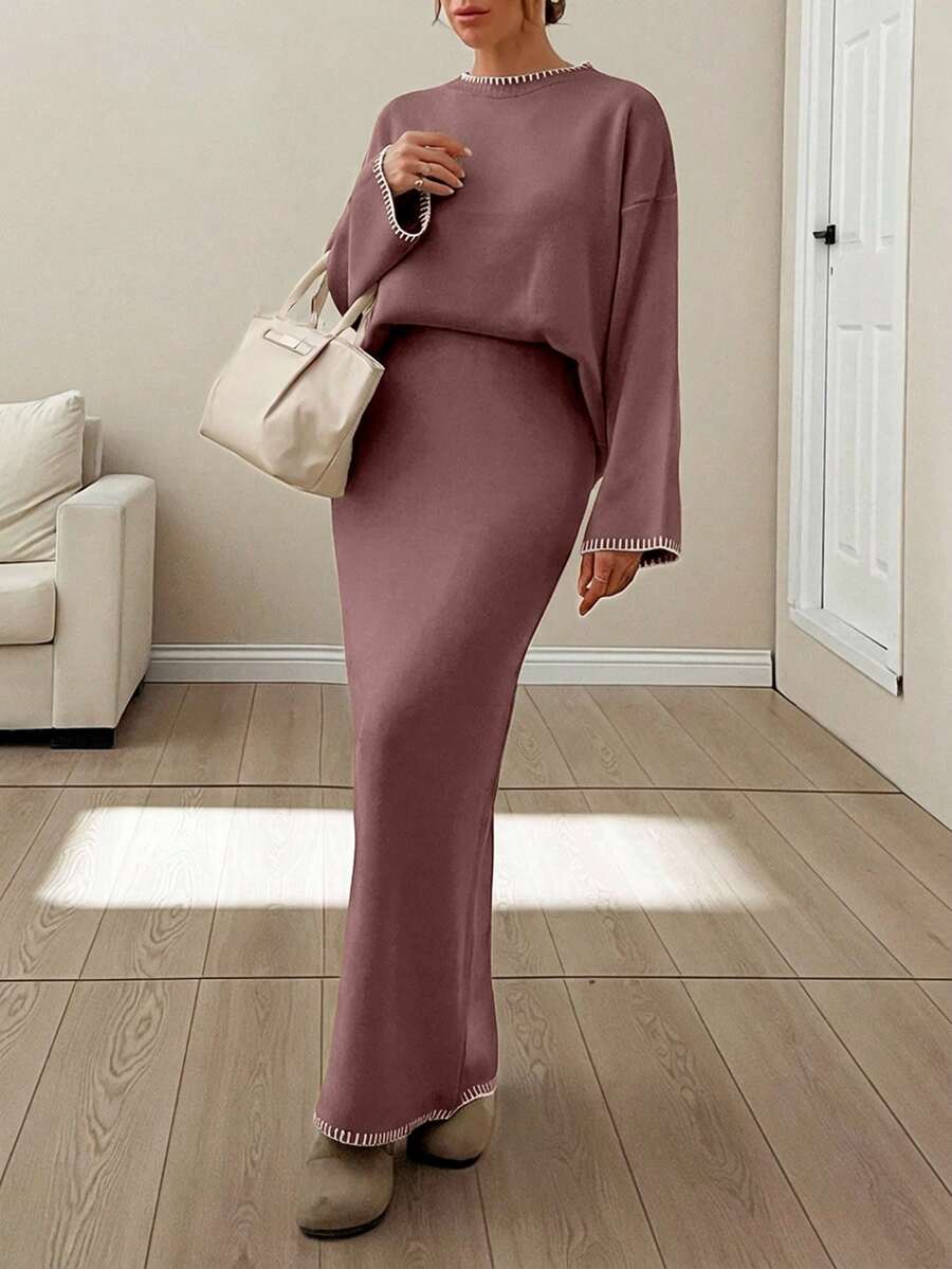 EURMUSE Women Stitch Detailed Round Neck Drop Shoulder Pullover & Sweater Skirt Set - Dusty Pink - View 1