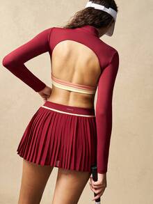 VARSIVA Women's Anchor Red Color Block Long-Sleeved Backless Top And Anchor Red Color Block Pleated Skirt With Built-In Jumpsuit Shorts Casual Tennis Set.