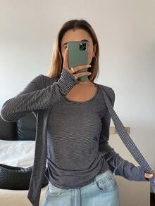 DAZY Women's Striped Shawl Collar Long Sleeve Casual Versatile T-Shirt,Going Out Tops For Women - Blue - View 3