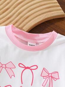SHEIN 女婴畅销蝴蝶结印花T恤，撞色滚边，短袖上衣和刺绣图案短裤套装 - 粉色 - 查看 7