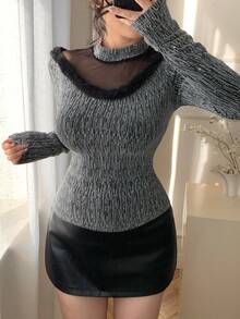 DAZY Women's Mesh Patchwork Stand Collar Long Sleeve Furry Decor Fitted Fashion T-Shirt - Black - View 1