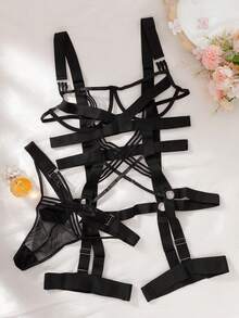 SpicyHot Ring Linked Underwire Lingerie Set With Leg Ring - Black - View 3