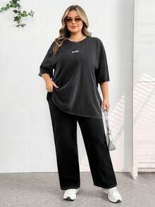 SHEIN CURVE+ Women's Plus Size Round Neck Short Sleeve Loose T-Shirt With Washed Snow Flake And Embroidery - Black - View 7