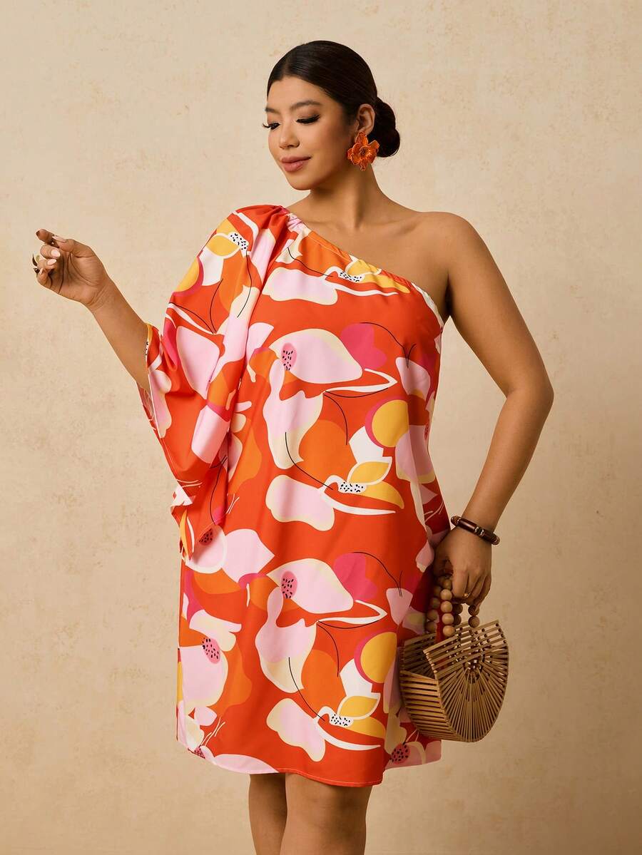 Travachic 夏季大码休闲碎花不对称肩部迷你连衣裙 - 橘色 - 查看 1