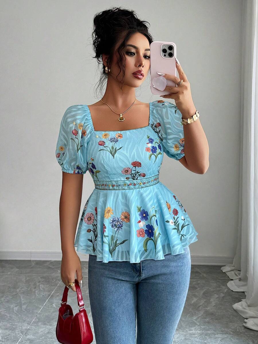 Elenzga Áo cánh thời trang nữ cổ vuông tay bồng viền bèo nhún họa tiết hoa - Nhiều màu - Xem 1