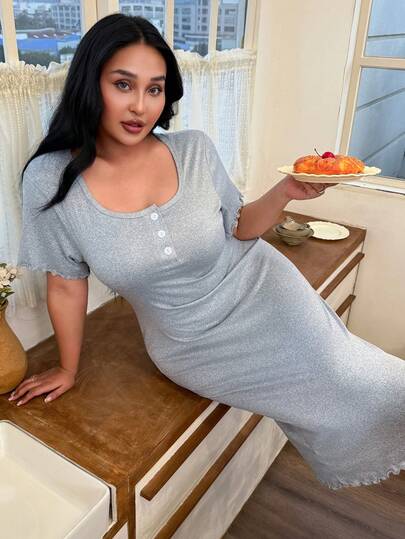 SHEIN 大码女式休闲卷边短袖长款睡裙