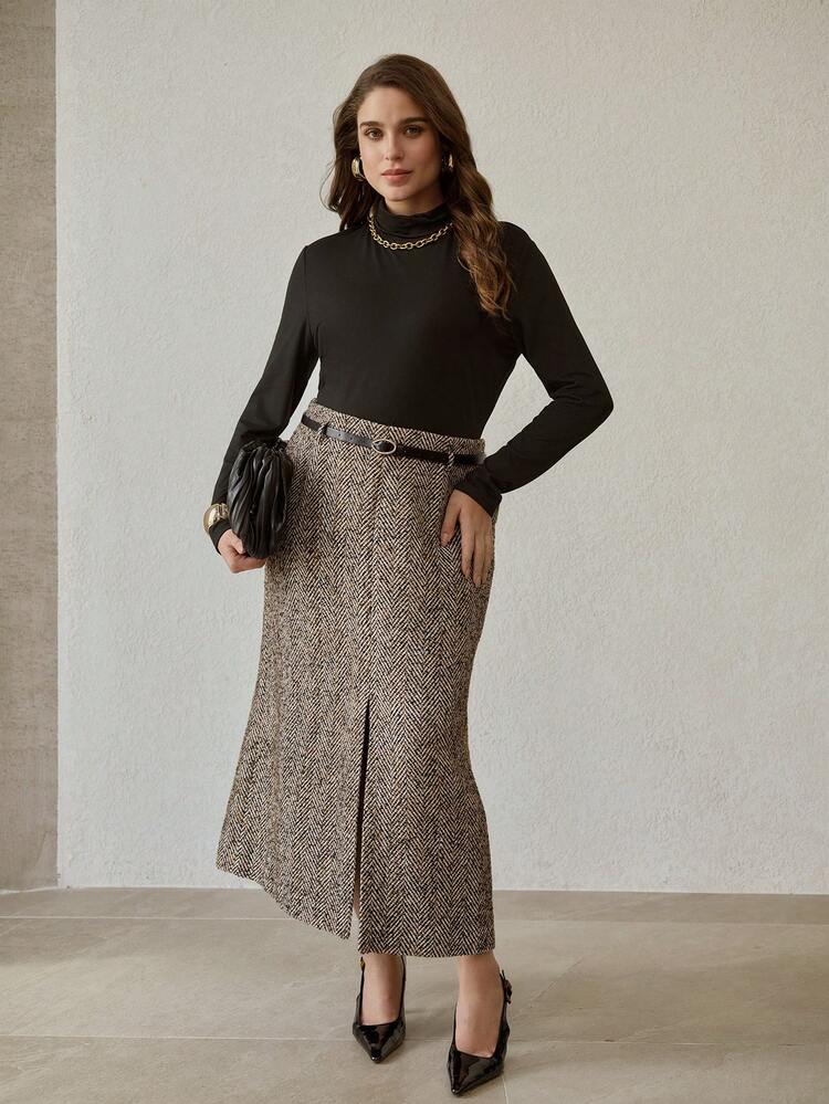 PLUS HERRINGBONE SPLIT HEM BELTED SKIRT