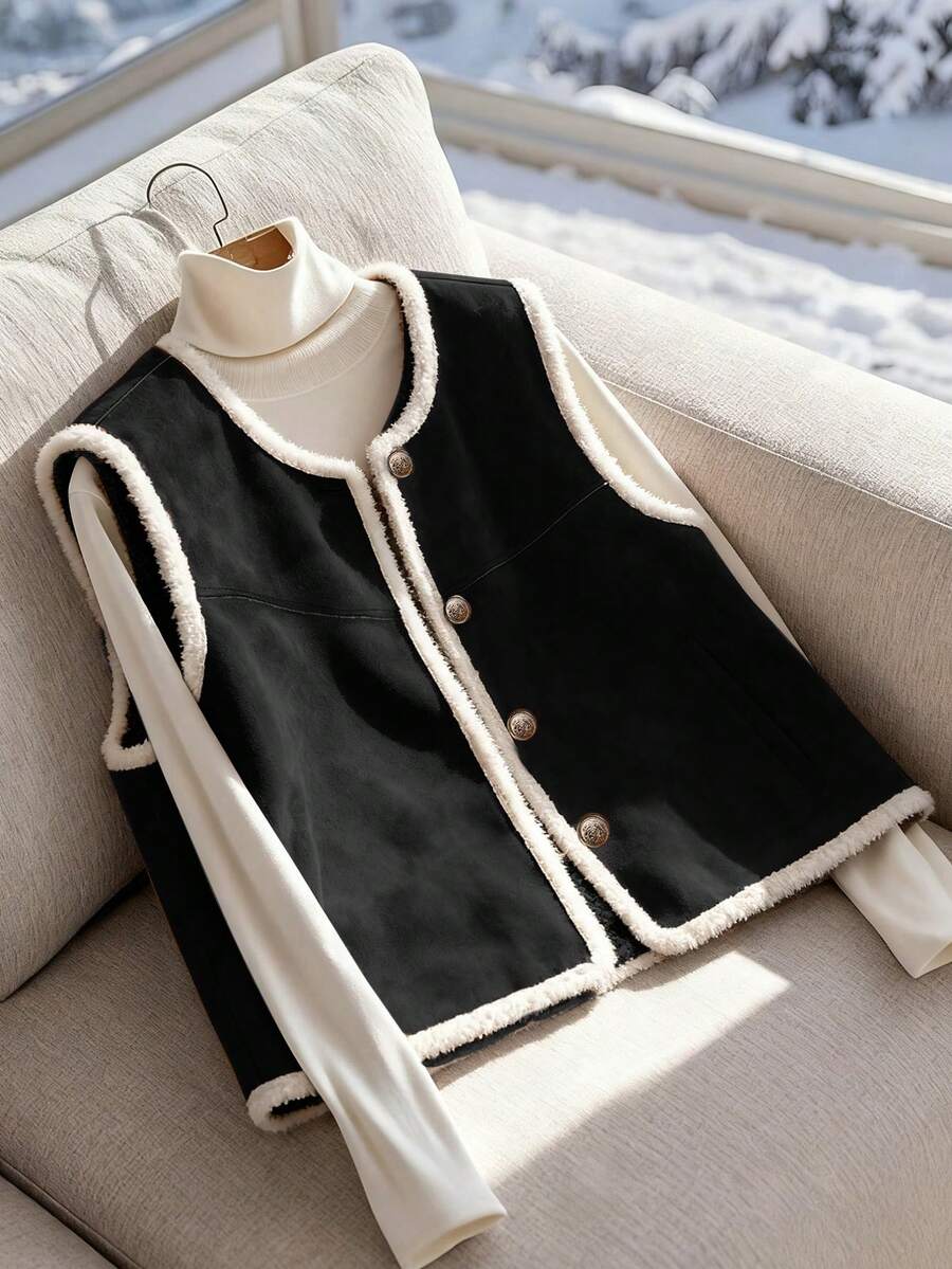 Franclia Women's Casual Loose Suede & PU Leather Patchwork Jacket With Vintage Metal Buckle, Warm Lining, Camel Brown, Suitable For Spring And Autumn - Black - View 1