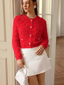 Chiquease Cárdigan elegante de mujer con cuello en V, estampado de diamantes y tachuelas, de imitación de visón - Rojo - Ver 5
