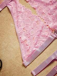 SHEIN Floral Lace Ring Linked Garter Lingerie Set With 1pair Leg Ring - Baby Pink - View 4
