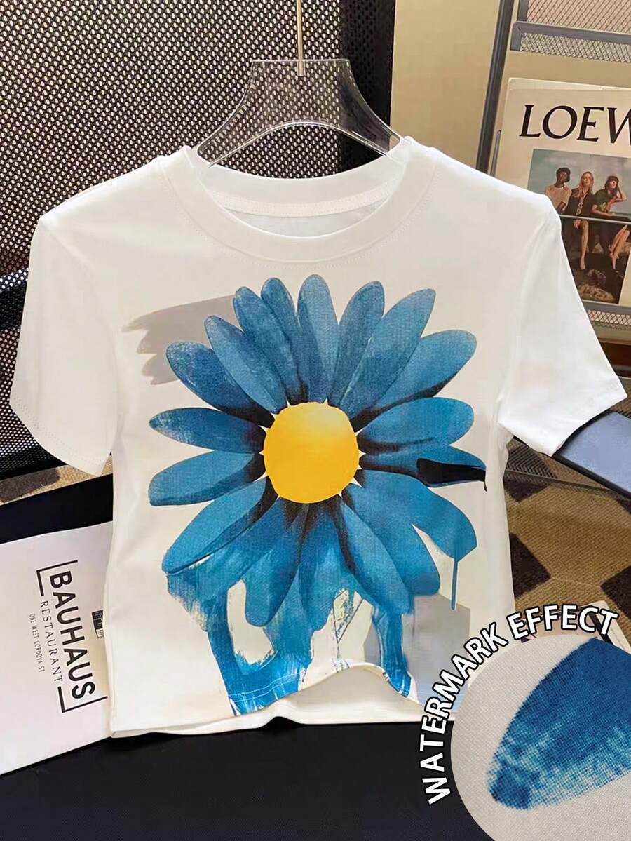 Resyla Kaos Crop Top Longgar Berkerah Bulat Bermotif Bunga Kasual Lucu Modis Gaya Y2K - Putih - View 1