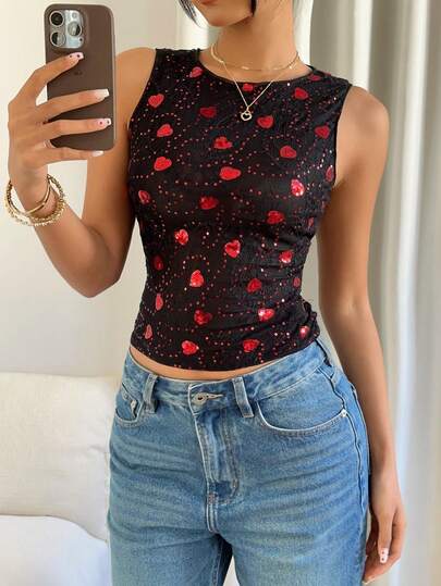 Siren Gaze Women's Valentine's Day Outfit Fashionable Sequin Heart Camisole, Summer Spring Outfit Women Spring Break Outfits Summer Outfits For Women Valentine Outfits For Women Birthday Outfits For Women Going Out Top Elegant Women's Blouses Sparkly Top Black Top Casual Cute Top Tops Cute Rose Top Heart Top