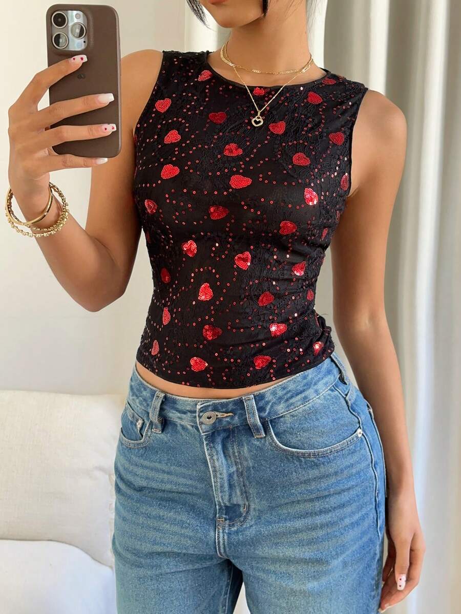 Siren Gaze 女士情人节时尚亮片爱心背心，夏季春季春假生日外出上衣，优雅女士上衣，闪亮上衣，黑色上衣，休闲可爱上衣，可爱玫瑰上衣，爱心上衣 - 黑色 - 查看 1