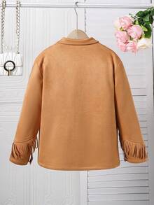 SHEIN Tween Girls Fringe Decor Solid Long Sleeve Fashionable Jacket - Khaki - View 2