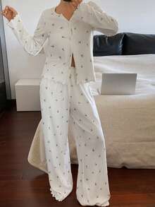 DAZY 碎花长袖长裤女士睡衣套装 - 卡其色 - 查看 4