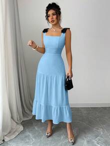 Selianne Colorblock Bow Strap Embroidered Knit Beach Vacation Party Dress - Blue - View 7