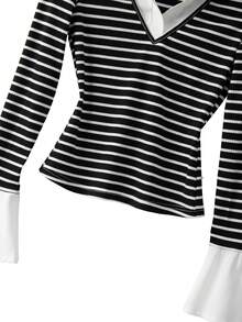 Chiquease 女士二合一黑白条纹喇叭袖休闲T恤，适合冬季、夏季、春季、情人节、浪漫约会、海滩、婚礼、生日、郊游、优雅休闲装、度假、毕业季及其他场合。 - 黑與白 - 查看 6
