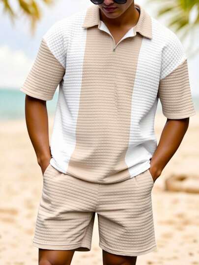 SHEIN 青少年男童休闲拼接撞色Polo领短袖T恤短裤套装，舒适时尚，百搭柔软面料，适合日常穿着、上学、外出、休闲度假、海滩度假等场合。