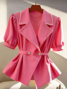 Franclia 优雅通勤立领珍珠串珠双排扣系带女式衬衫 粉色女式西装外套 粉色女式西装外套 粉色女式西装外套 粉色西装外套 珍珠西装外套 粉色服装 粉色短袖西装外套 荷叶边西装外套 珍珠饰边西装外套 女式西装外套 - 粉色 - 查看 4