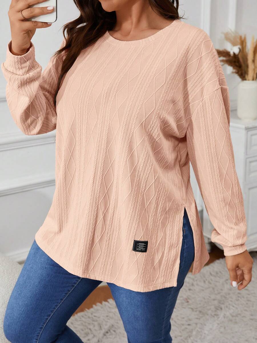 SHEIN VCAY Plus Size Casual Solid Color Side Slit T-Shirt - Apricot - View 1